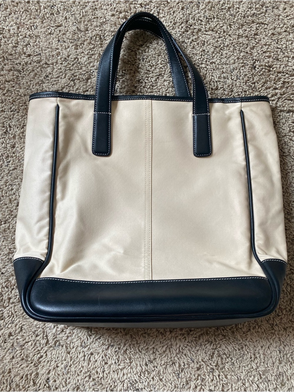 Coach Cream Canvas Tote with Black Leather Trim and Handles - Picture 3 of 5